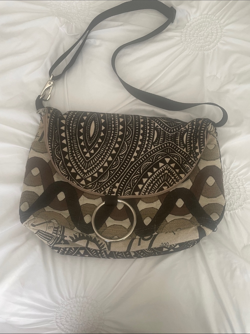 Canvas Crossbody Bag with Tribal Print - Neutral Brown